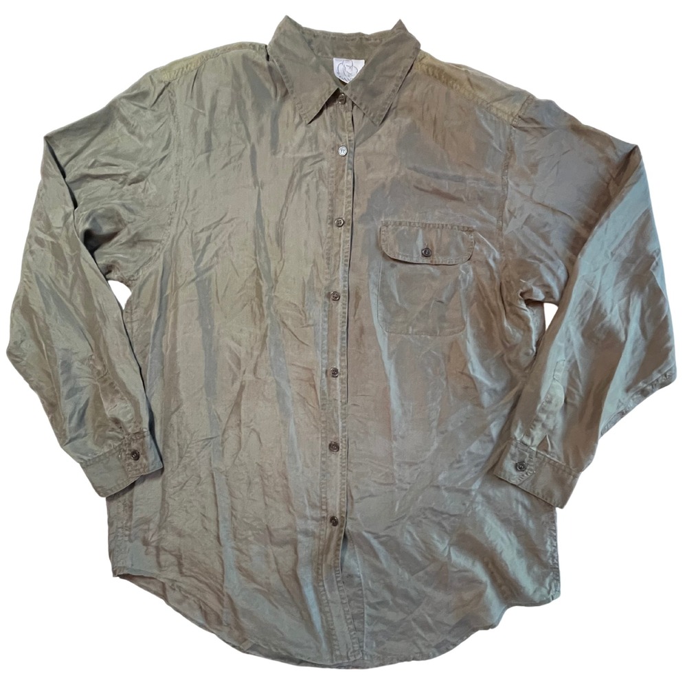 Vintage 80s Silk Blouse Women L Green Long Sleeve Collar Button-up Siren Office